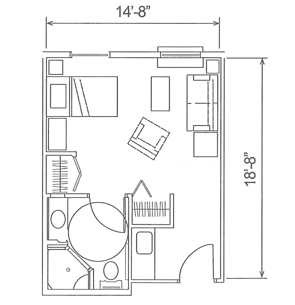 Architectural floor plan of a small room with furniture layout, including bed, chair, and bathroom.