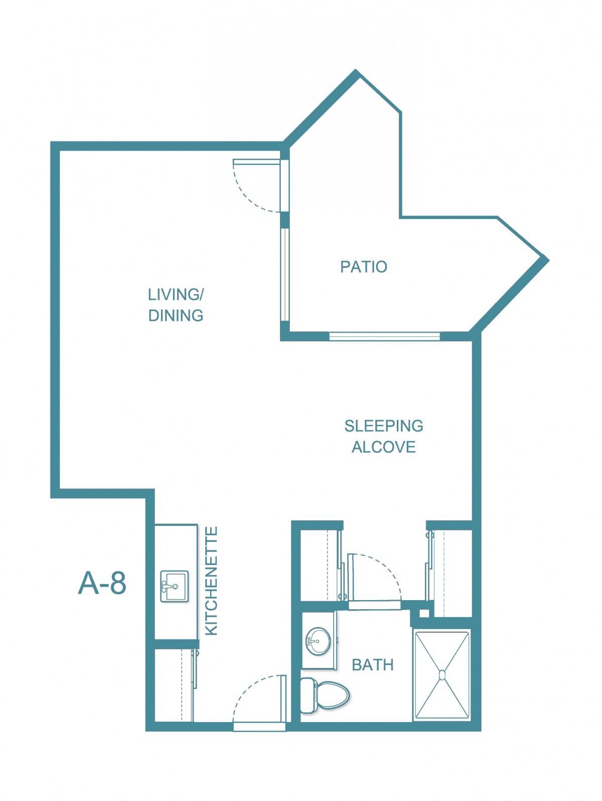 A floor plan of a one-bedroom apartment featuring a living/dining area, sleeping alcove, kitchenette, bathroom, and patio.