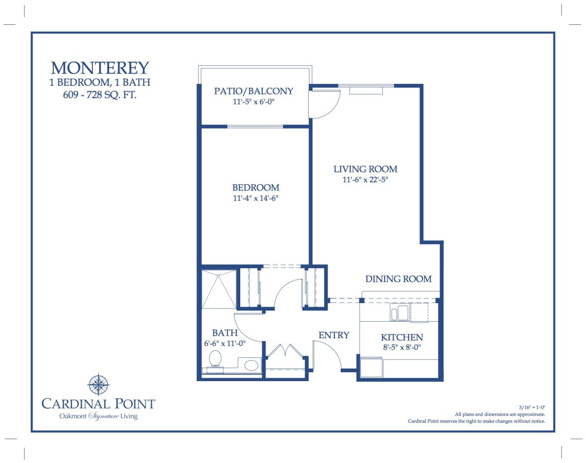 Floor plan of the Monterey apartment featuring one bedroom, one bathroom, a living and dining area.