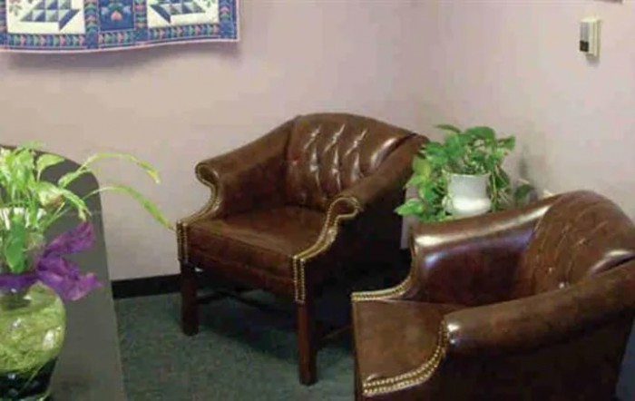 A cozy waiting area with brown leather chairs and a potted plant.