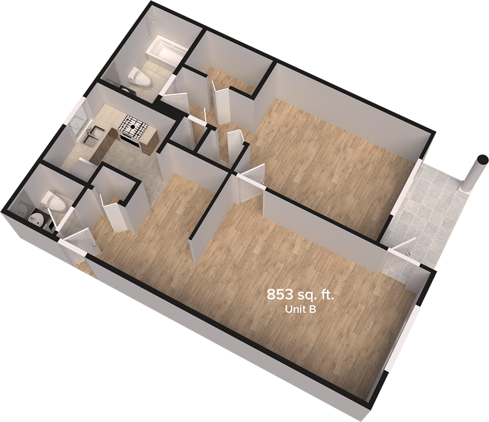 A 3D floor plan of an apartment showcasing the layout and room arrangement.