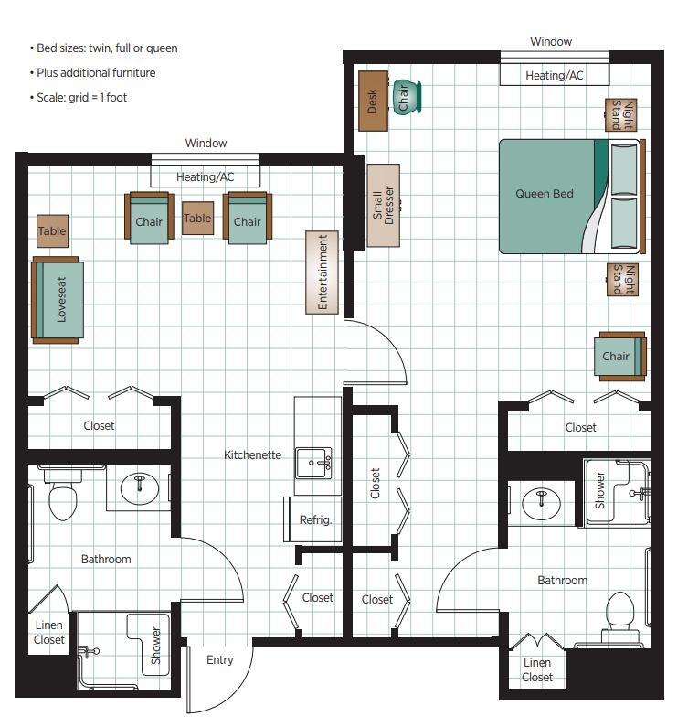 Floor plan of a one-bedroom apartment with a kitchen, living room, and bathroom.