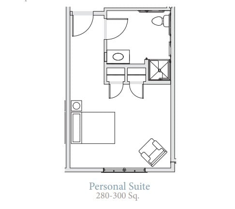 Floor plan of a personal suite measuring 280-360 sq ft.