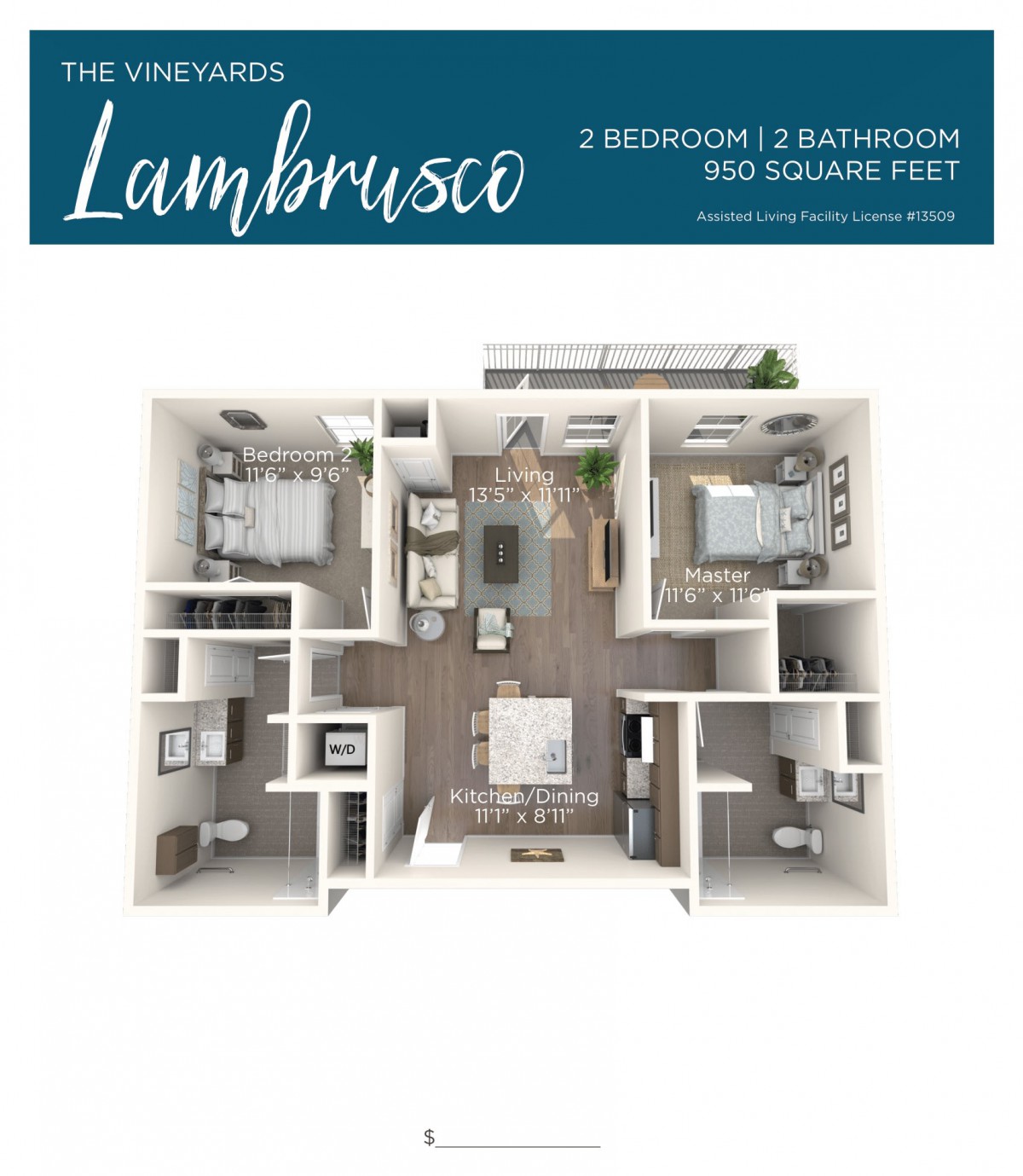 3D floor plan of the Lambrusco apartment featuring 2 bedrooms and 1 bathroom, spanning 950 square feet.