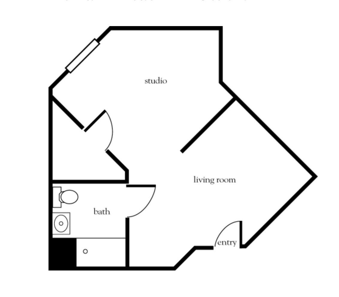 A floor plan of a studio apartment with a living room, bath, and entry area.
