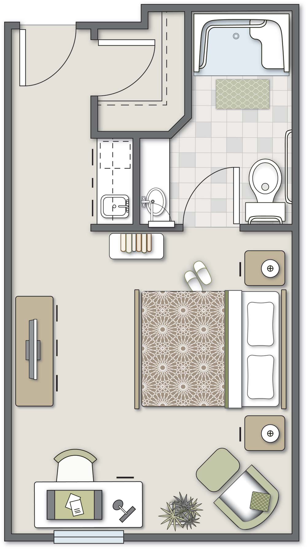 A floor plan showcasing a small bedroom with an attached bathroom.