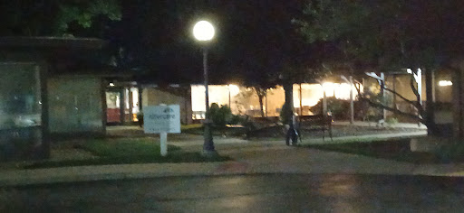 A dimly lit park scene at night with a lamp illuminating the pathway and a building in the background.