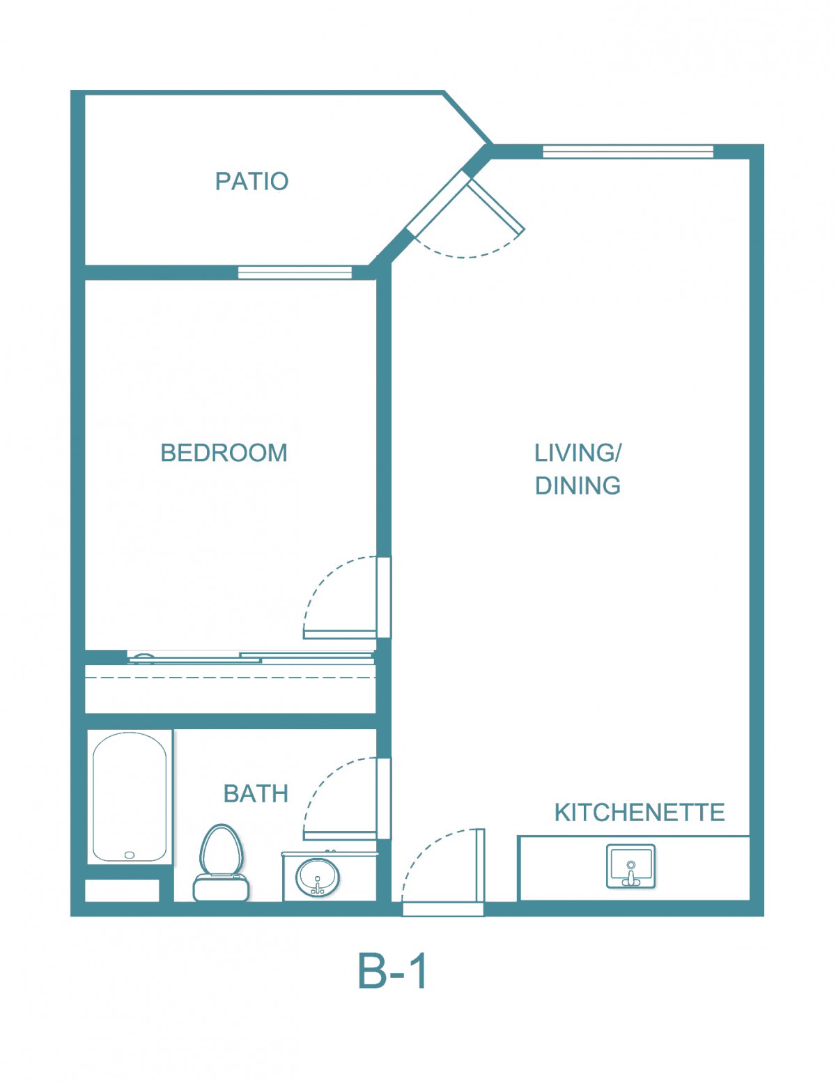 A floor plan of a one-bedroom apartment with a living/dining area, bathroom, kitchenette, and patio.