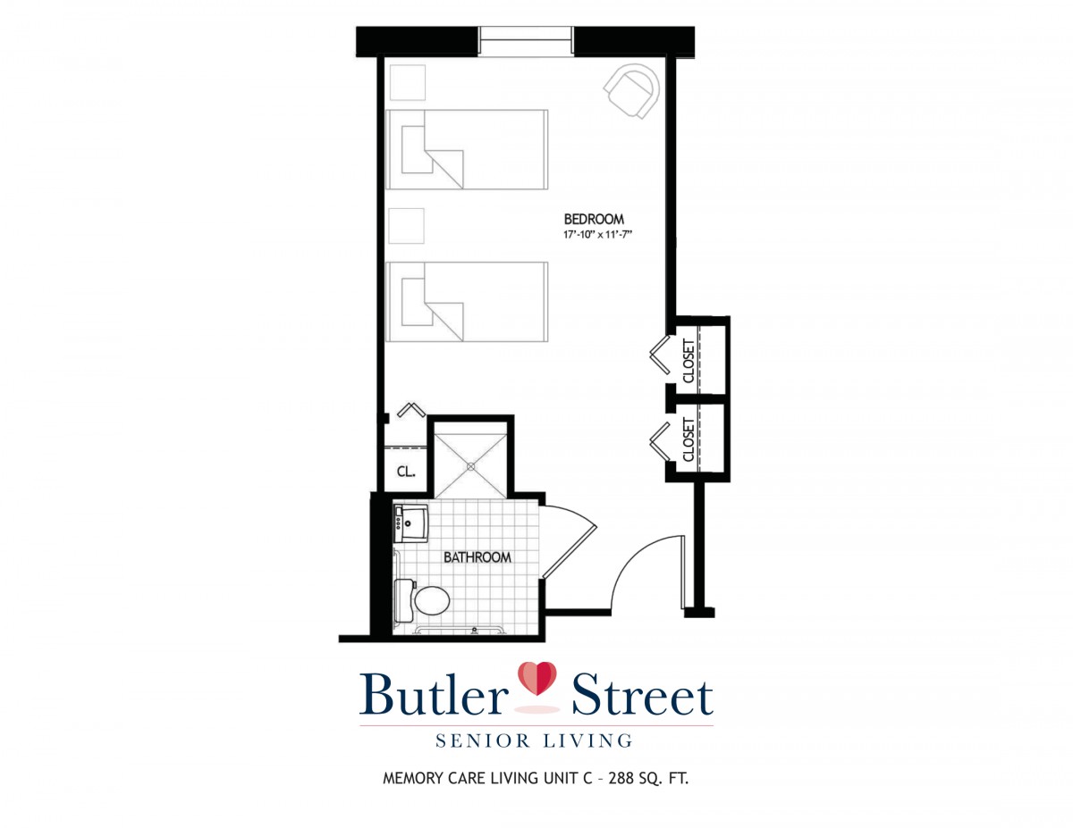 Floor plan of a senior living studio apartment at Butler Street.
