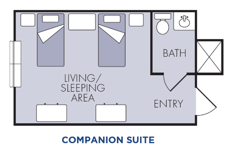 Floor plan of a companion suite with shared living and sleeping area.