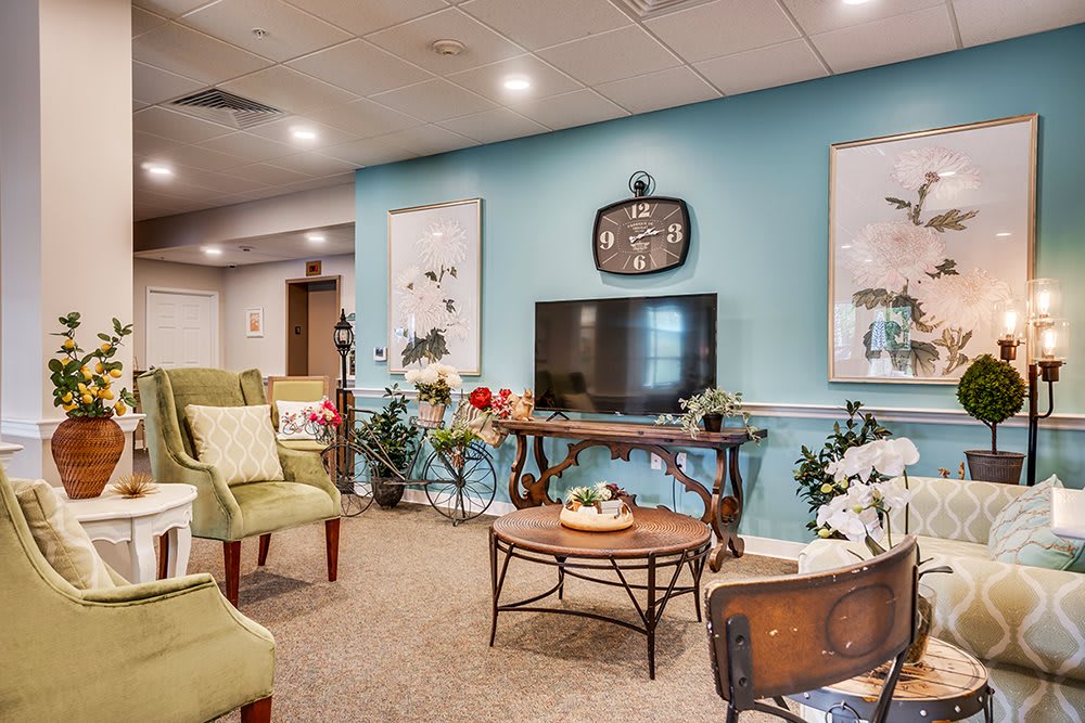 A cozy living room with comfortable seating, a television, and decorative indoor plants.