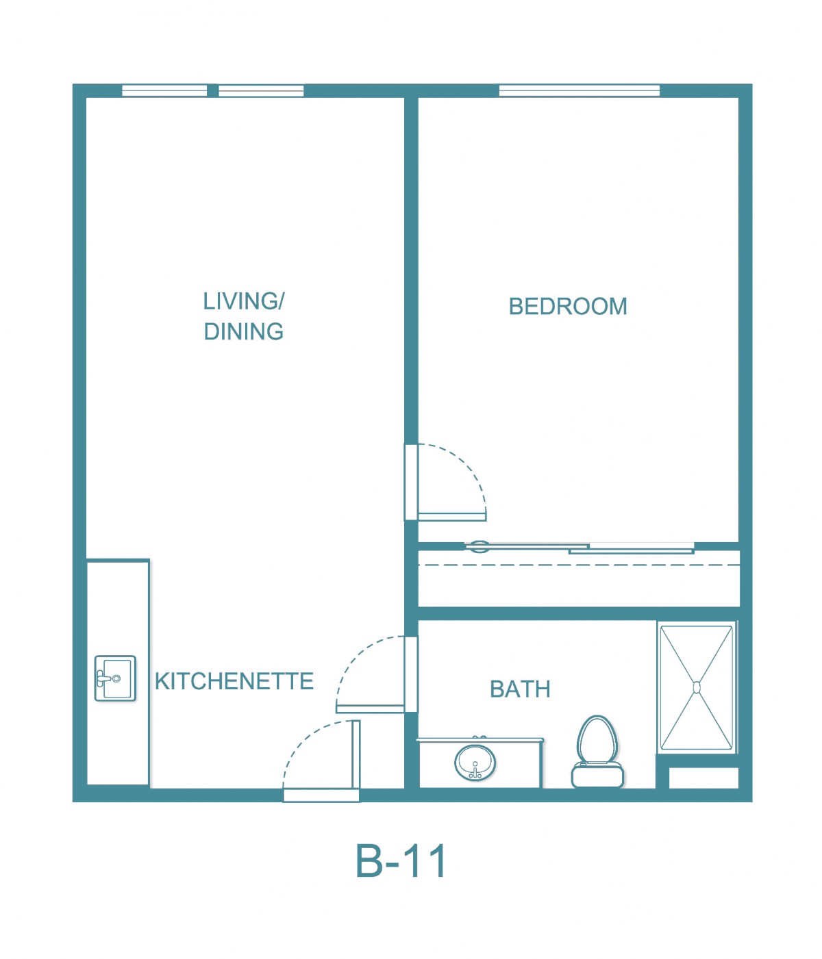 One-bedroom apartment floor plan with kitchenette and bathroom.