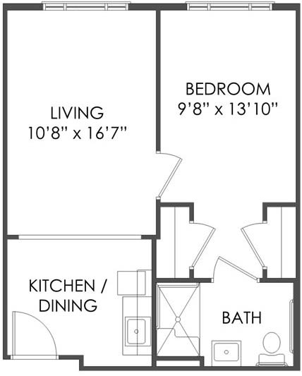 One-bedroom apartment floor plan with living, kitchen/dining, and bath areas.