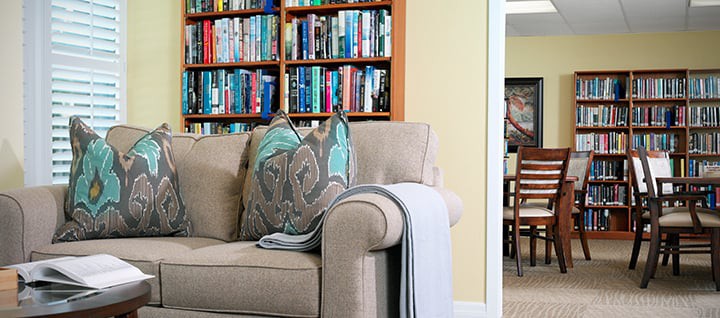 A cozy living room scene featuring a comfortable couch with patterned pillows and a soft blanket, set against a backdrop of bookshelves filled with colorful books.