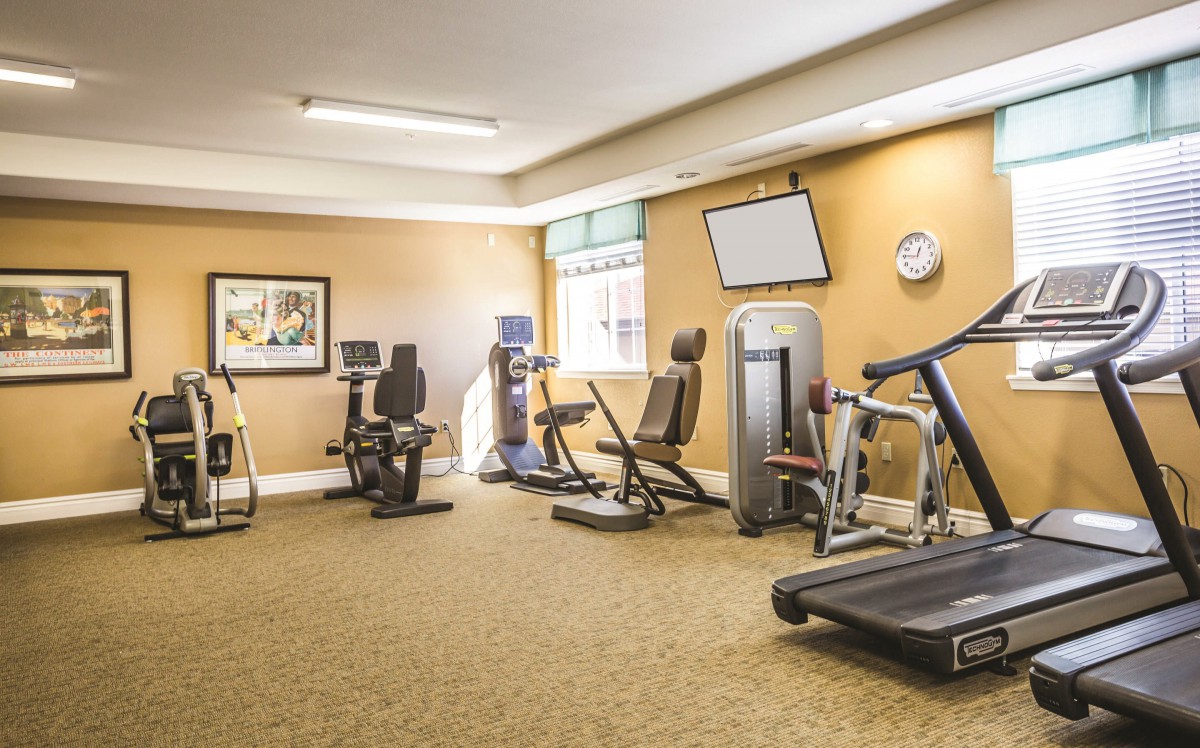 A well-equipped gym room with various exercise machines, including treadmills and bikes.