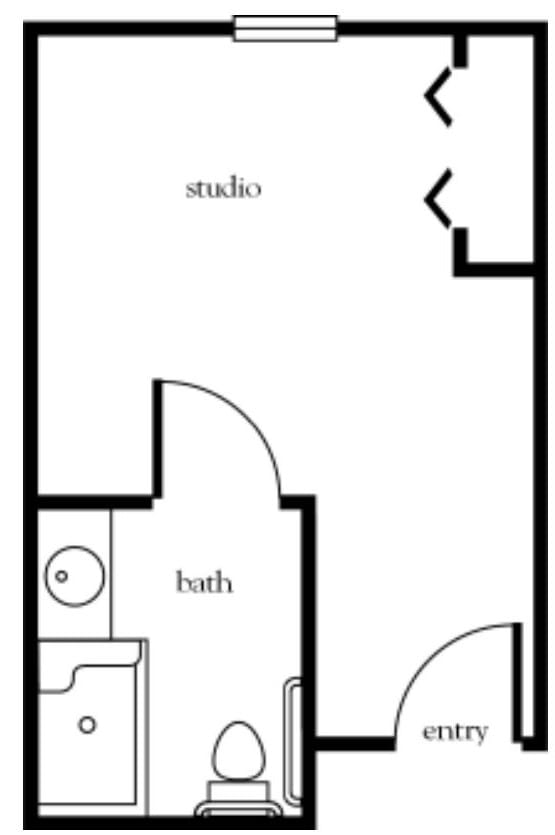 A simple studio apartment floor plan with a bathroom.