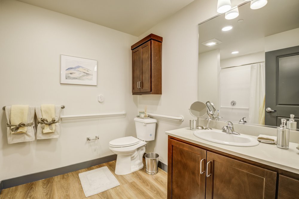 A modern bathroom with wooden cabinetry and a well-lit vanity area.