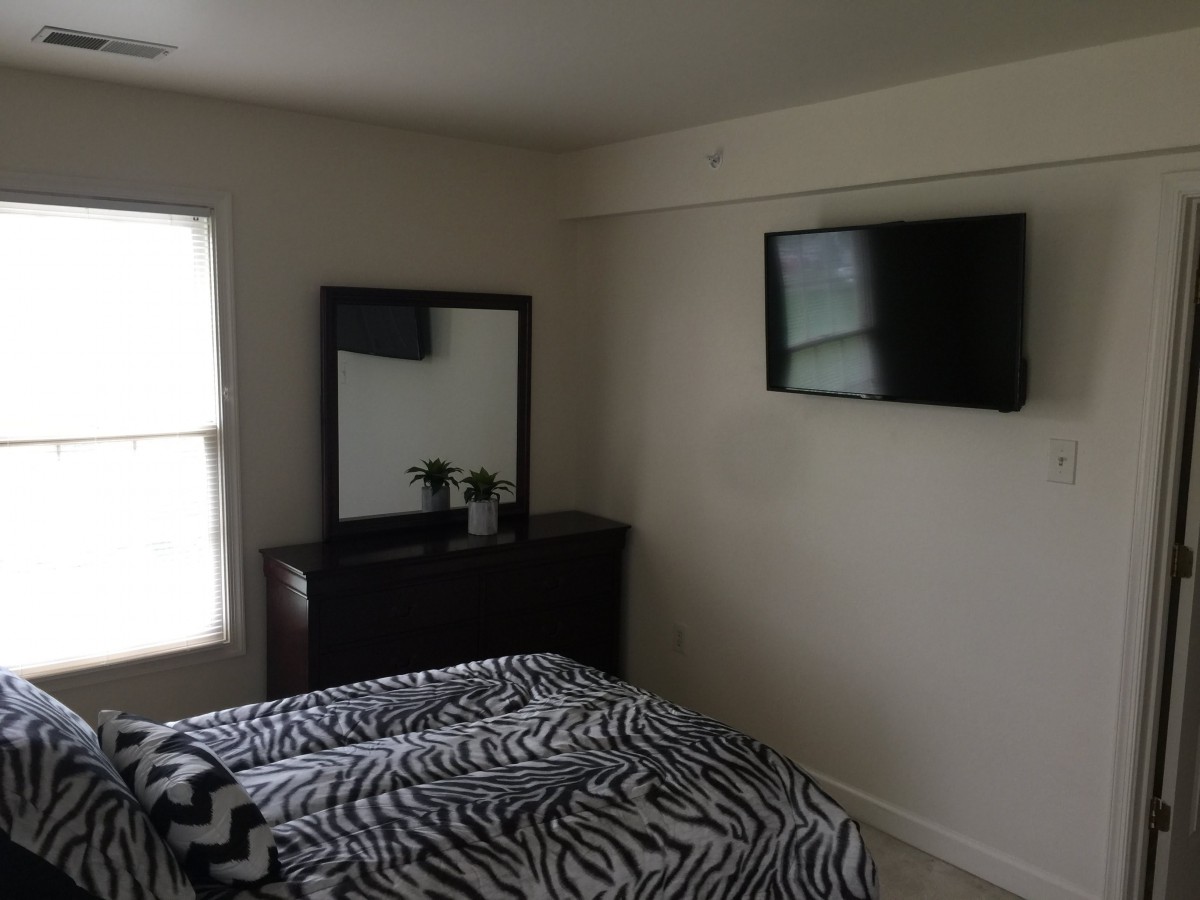 A modern bedroom featuring a mounted TV, dresser with mirror, and zebra-patterned bedding.