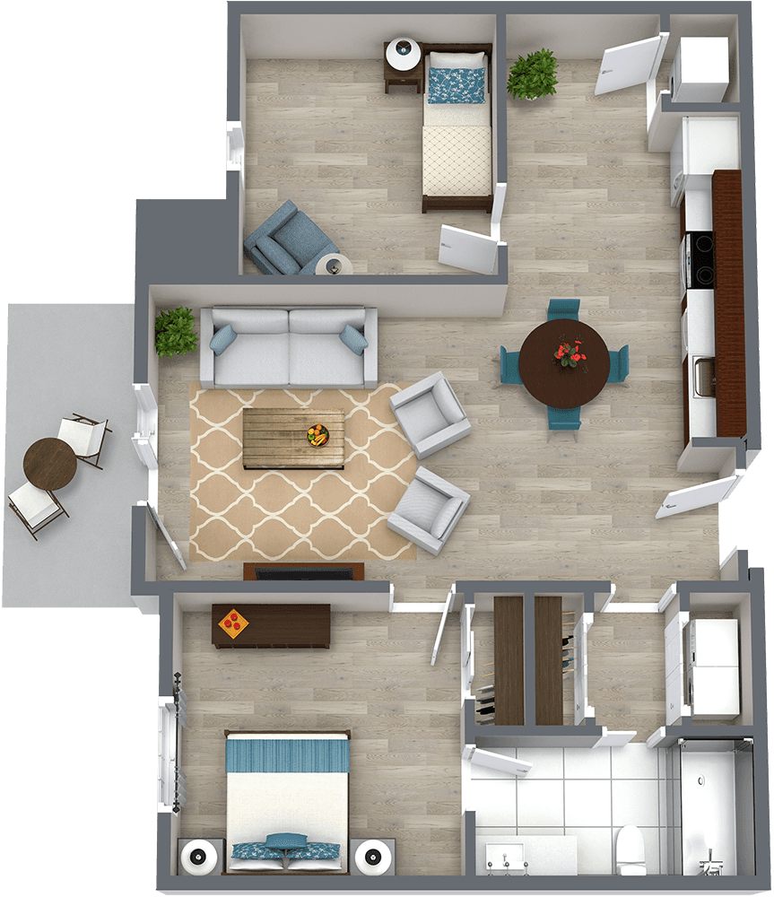 A detailed floor plan of an apartment showing a living room, bedroom, and kitchen layout.