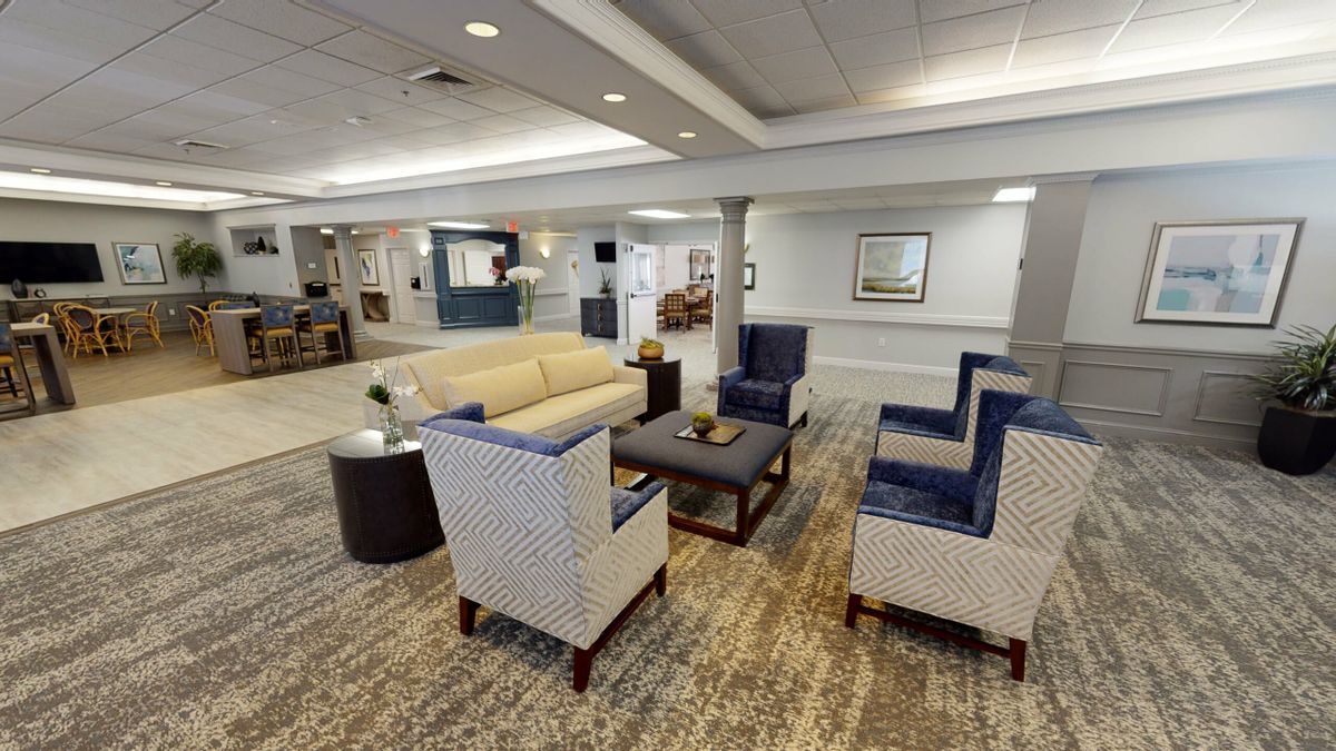 A modern lobby with comfortable seating and stylish decor.