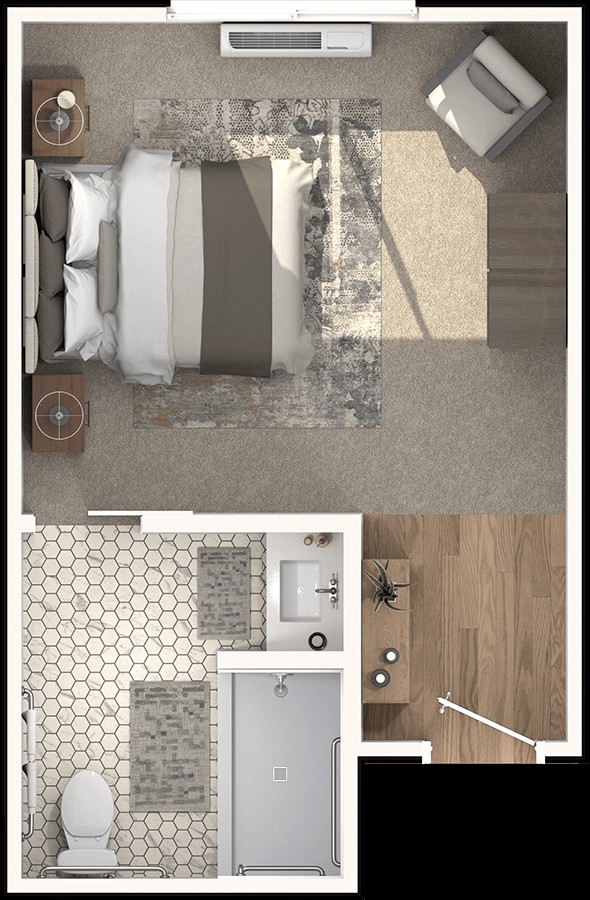 A top-down view of a modern apartment floor plan showcasing a cozy bedroom and an adjacent bathroom.