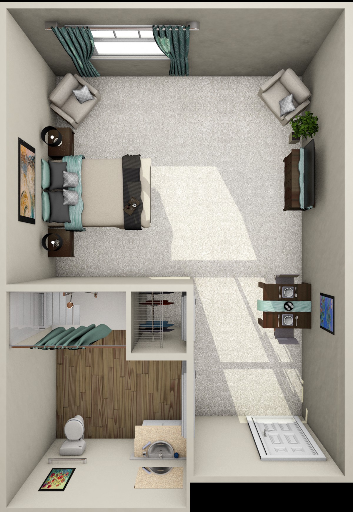 A spacious and elegantly designed bedroom with modern furniture and minimalistic decor.