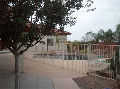 A backyard with a fenced swimming pool surrounded by a garden and palm trees.