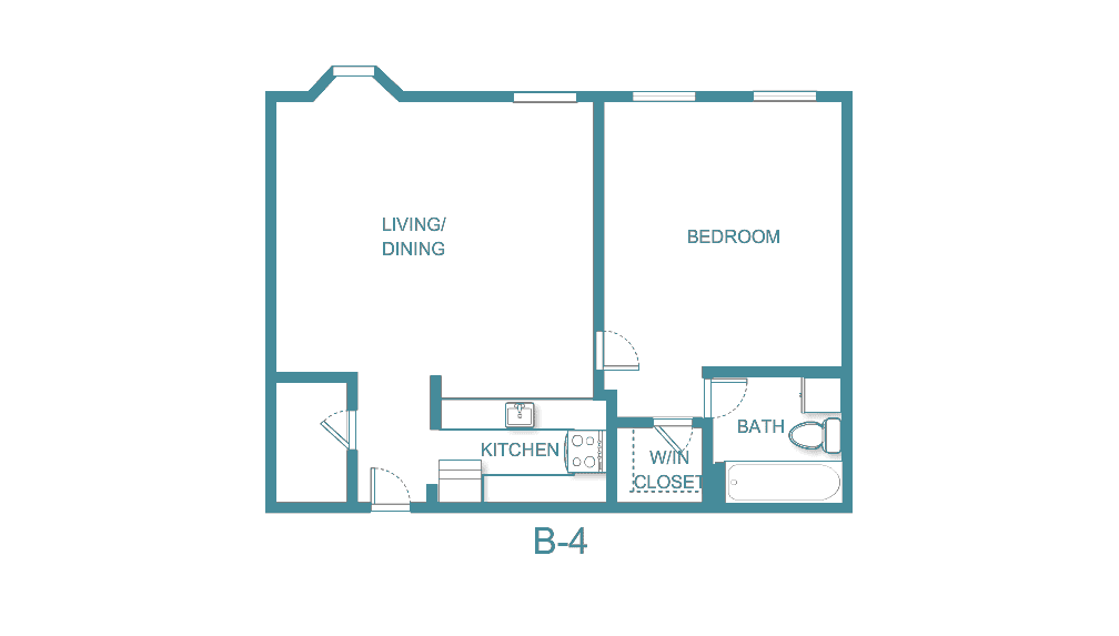 Floor plan of a one-bedroom apartment with a living/dining area, kitchen, bathroom, and walk-in closet.