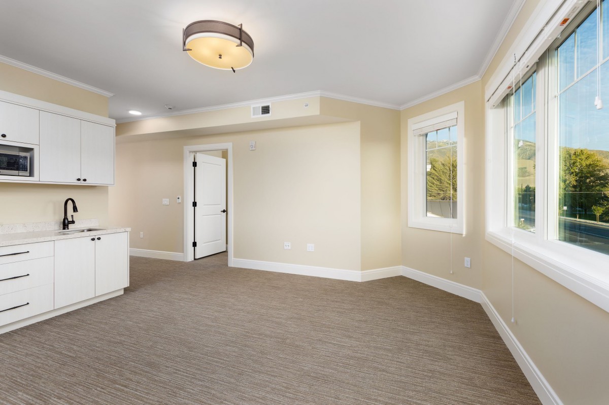 A bright and spacious empty room with carpet flooring, two windows, and a ceiling light fixture.