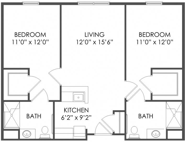 A floor plan of a two-bedroom apartment with a living room, kitchen, and two bathrooms.