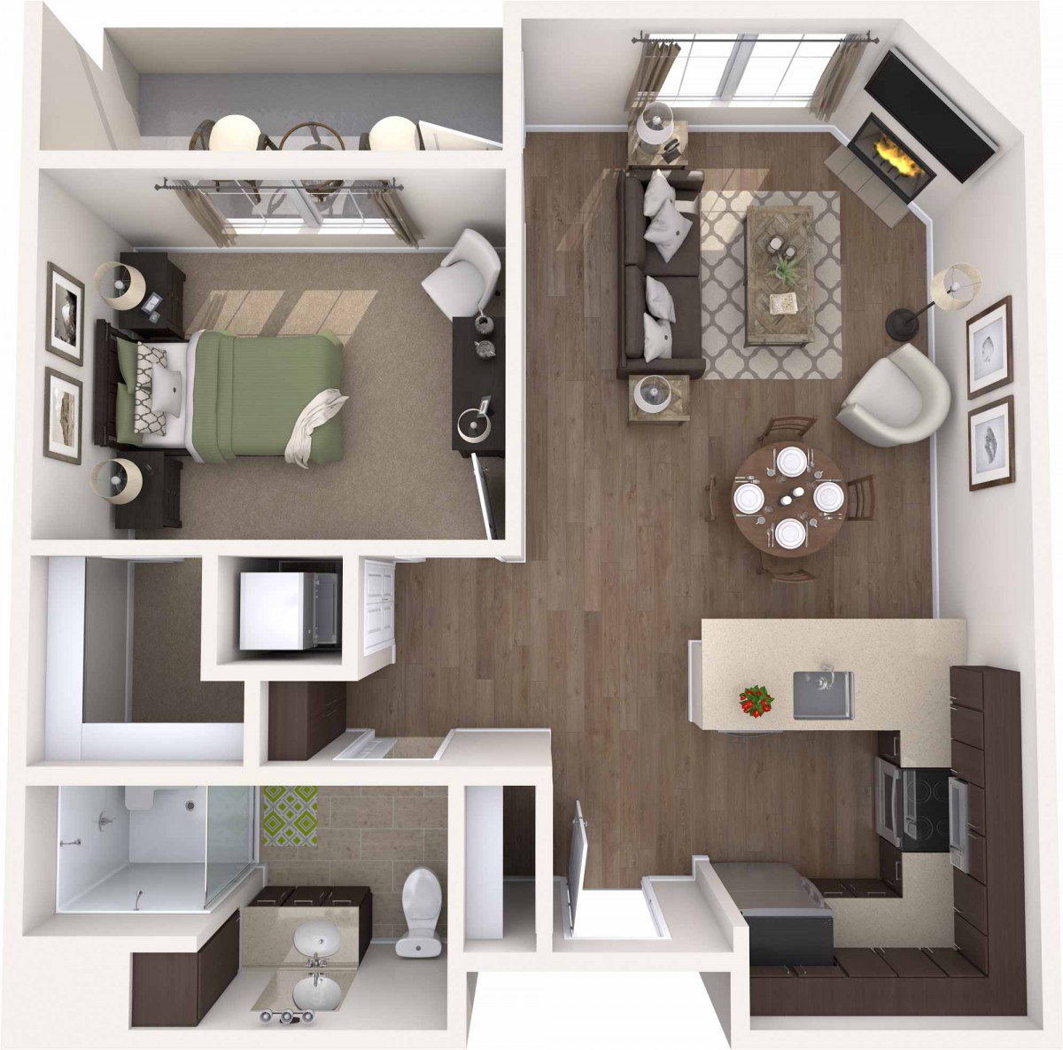 A 3D floor plan of a one-bedroom apartment featuring a living room, kitchen, bathroom, and bedroom.
