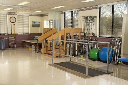 A physical therapy room equipped with parallel bars, gym balls, and various exercise equipment.