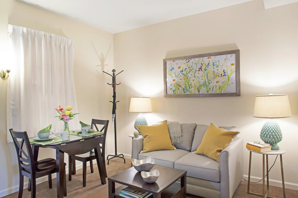 A cozy living room with a dining area, featuring a sofa, decorative pillows, artwork on the wall, and a well-set table.