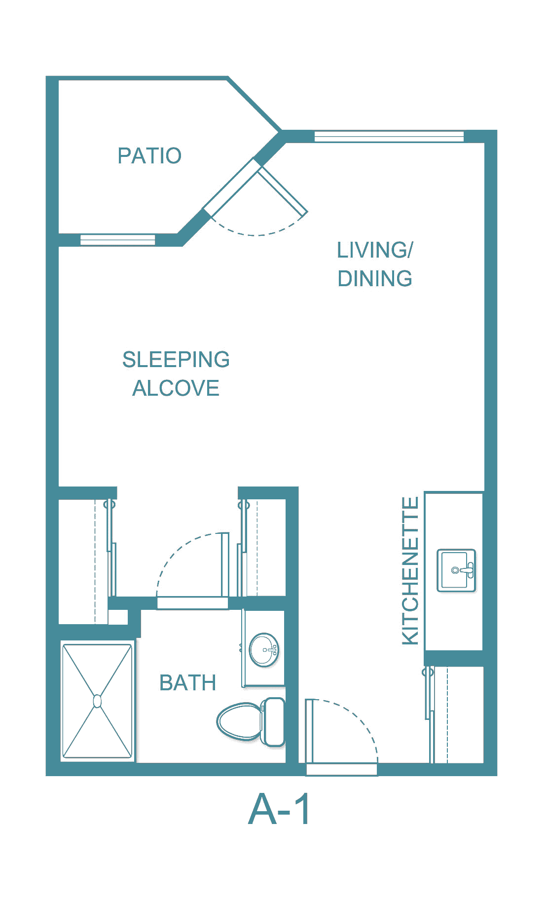 Studio apartment floor plan with a sleeping alcove, kitchenette, and bathroom.