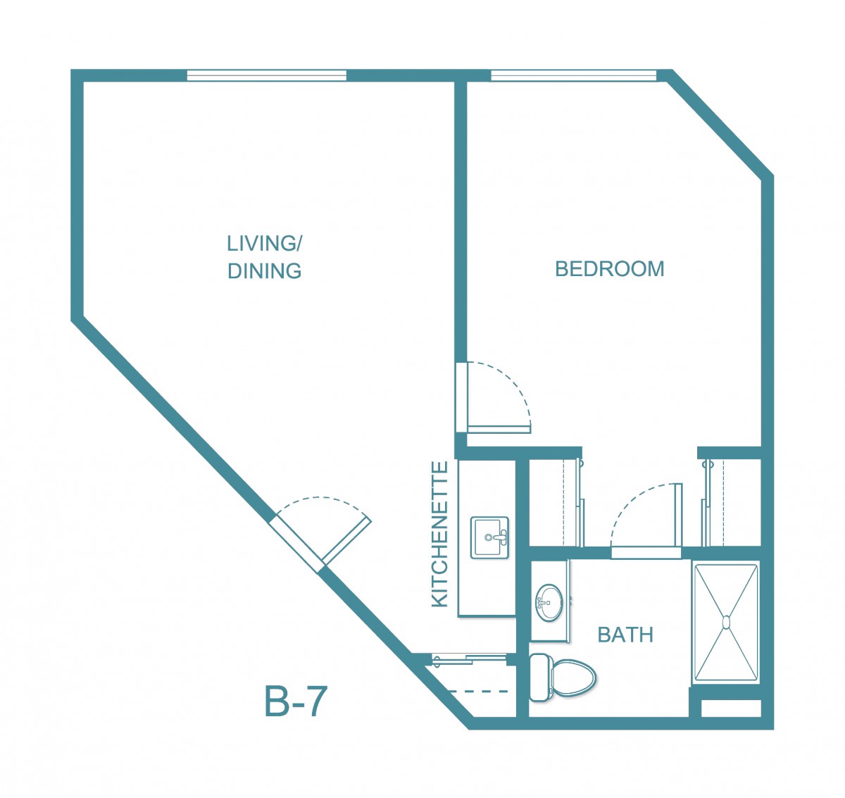 A floor plan of apartment unit B-7, showing a bedroom, bathroom, kitchenette, and living/dining area.