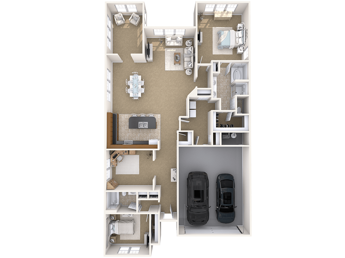 A detailed floor plan of a modern house including bedrooms, a kitchen, bathrooms, a living room, and a garage.