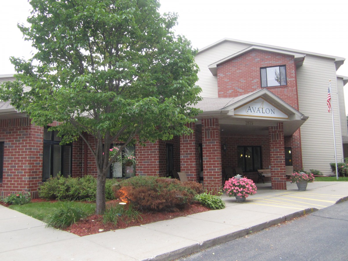 The entrance of a brick building with landscaping and trees.