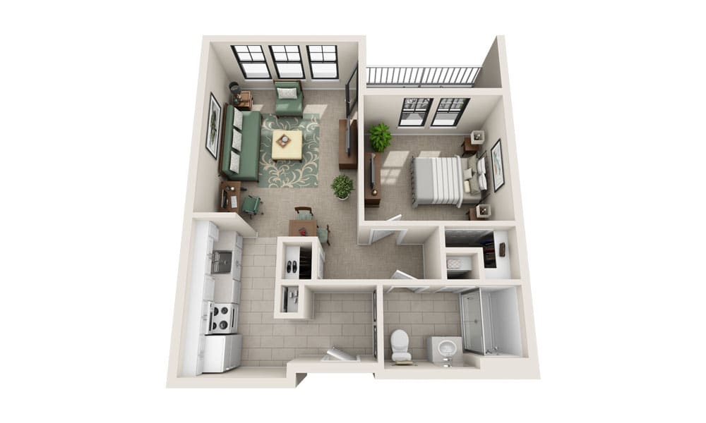 A 3D floor plan of a one-bedroom apartment with a living room, kitchen, and bathroom.