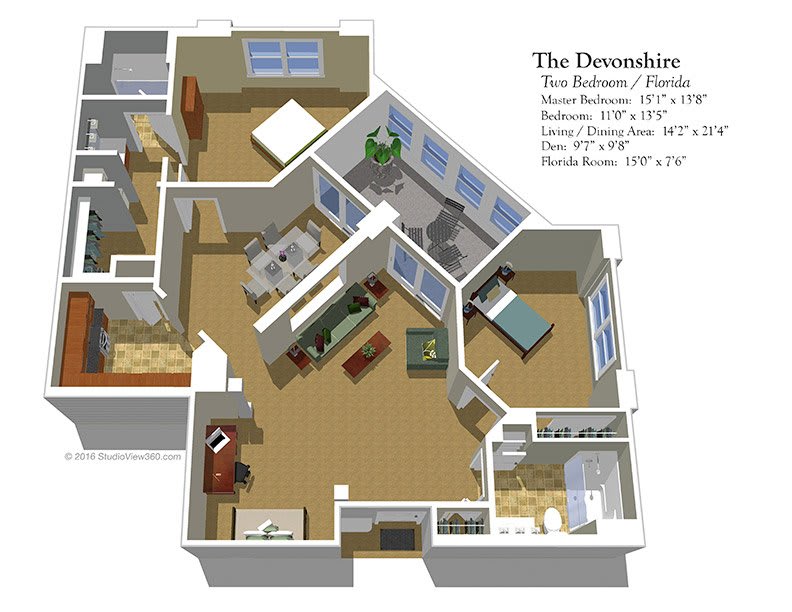 3D floor plan of The Devonshire apartment, showcasing two bedrooms, two bathrooms, and a study room.
