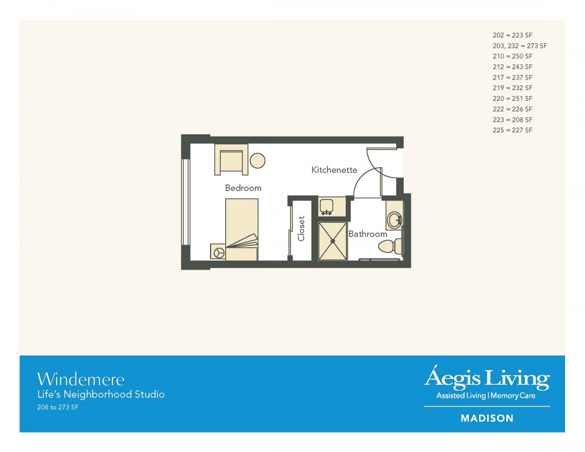 A detailed floor plan of a studio apartment, showcasing the layout of the bedroom, bathroom, and living space.