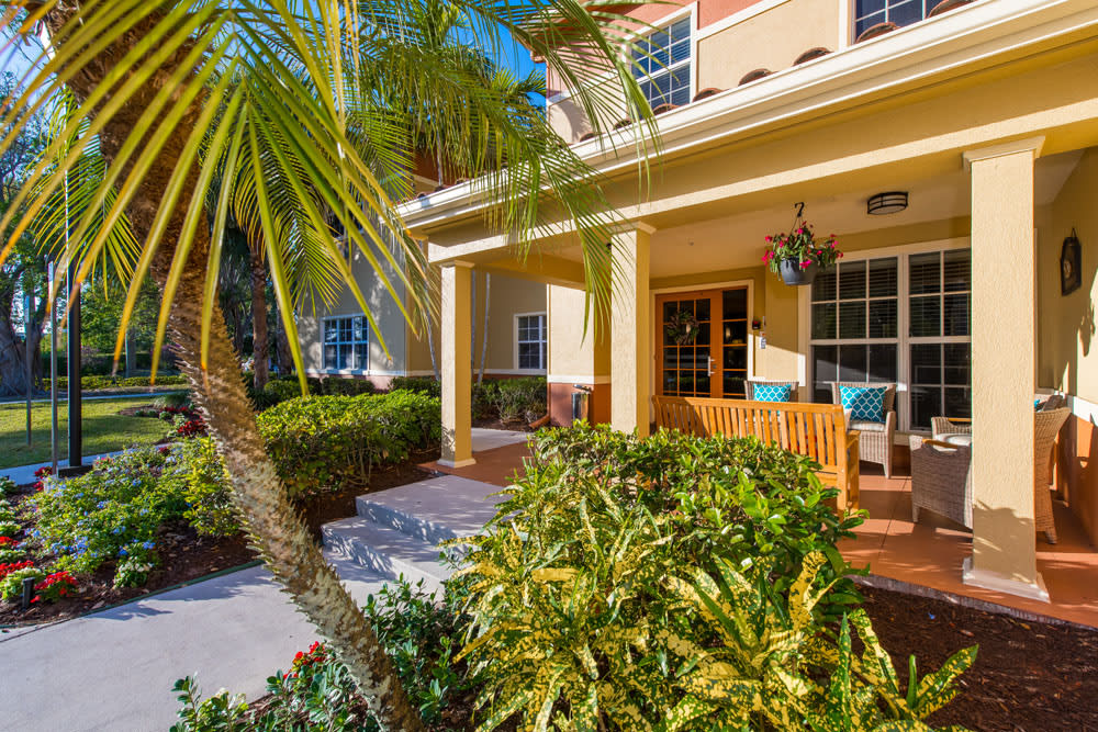A sunny front porch surrounded by tropical plants and palm trees, featuring comfortable outdoor seating.