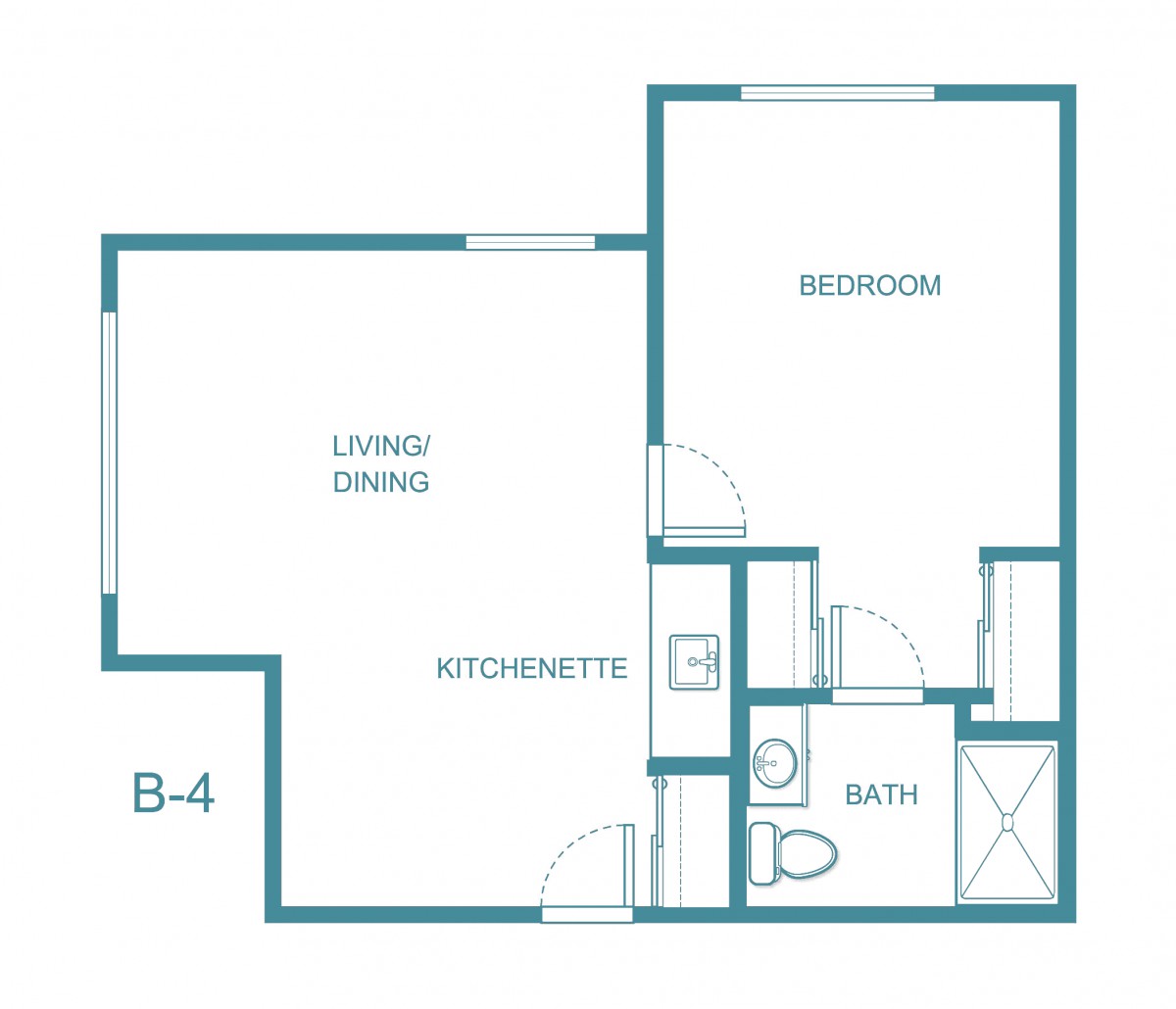 A floor plan depicting a one-bedroom apartment layout with a living/dining area, kitchenette, and bathroom.
