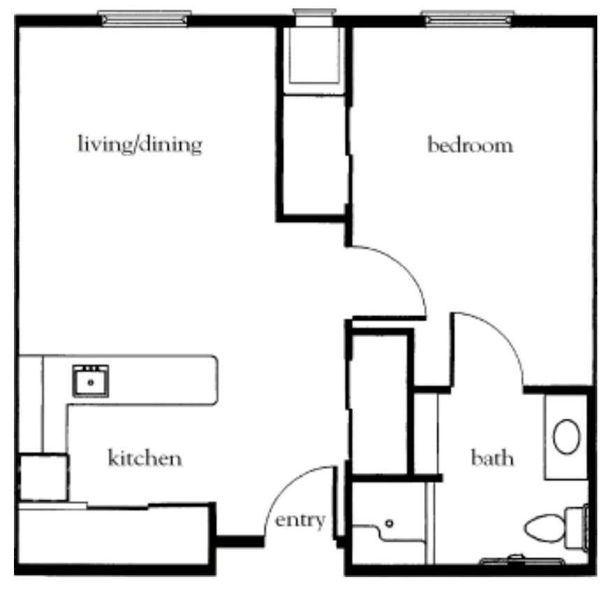 Simple floor plan of a one-bedroom apartment with living room, kitchen, bathroom, and entryway.