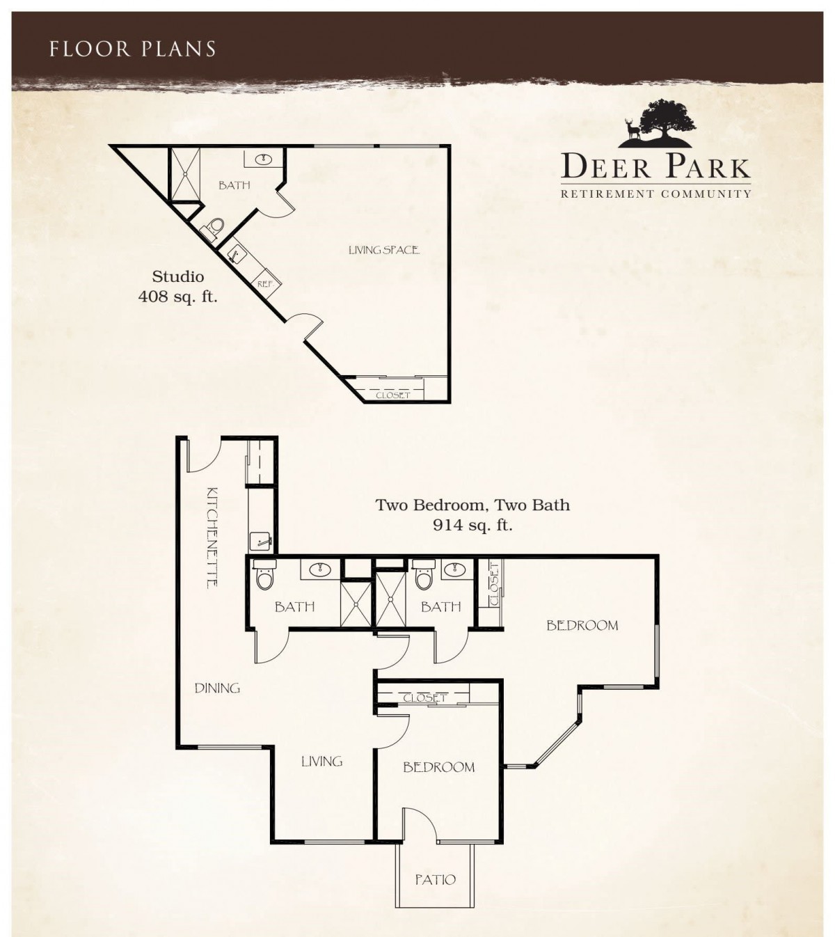 Floor plans for studio and two-bedroom apartments at Deer Park Apartments.