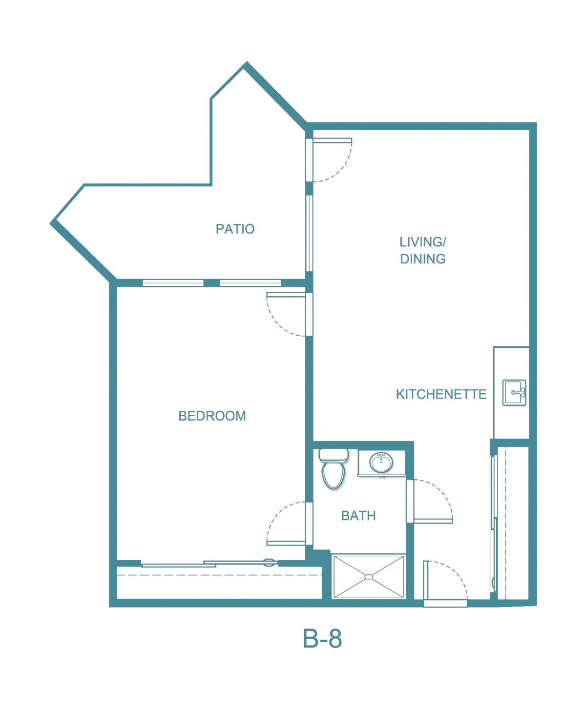 A floor plan of a one-bedroom apartment including a living/dining area, kitchenette, bathroom, patio, and bedroom.