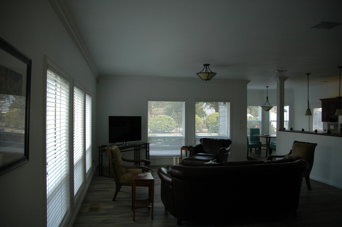 A cozy living room with sofas, a TV, and large windows allowing natural light.