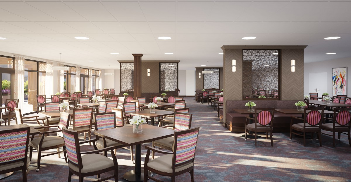 A modern restaurant dining area with neatly arranged tables and chairs.