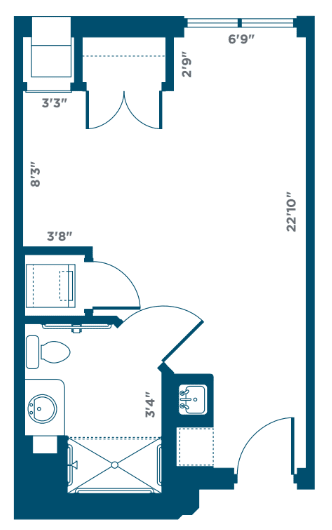 A detailed floor plan of a room including a bathroom layout.
