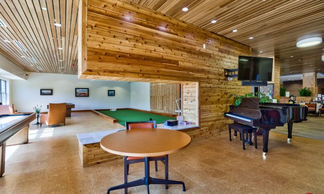 A modern interior featuring wood paneling with a billiards table and a piano.