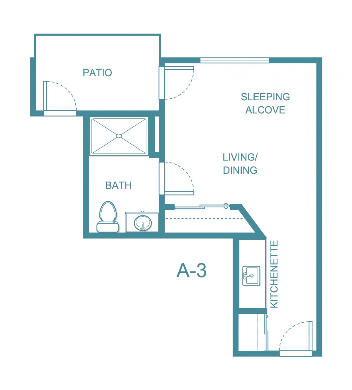 Studio apartment floor plan with sleeping alcove and patio.